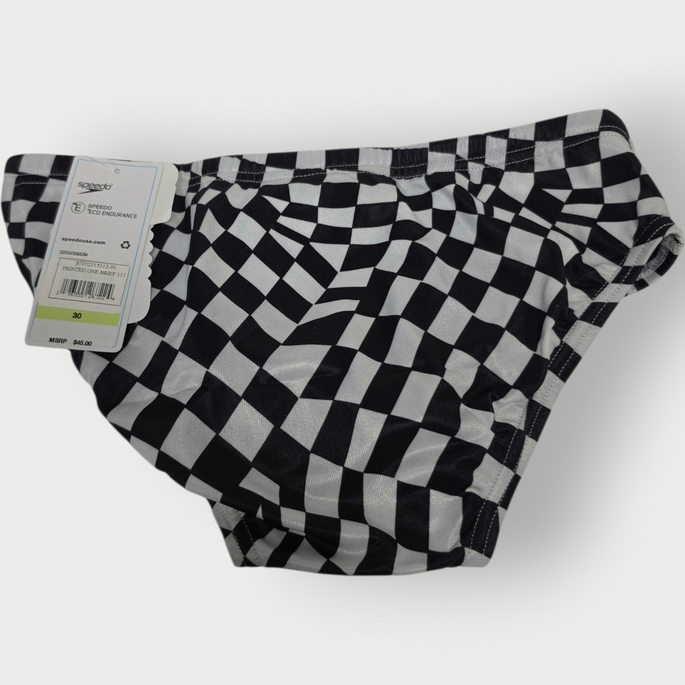 New Men Speedo Eco Endurance Swim Briefs Size 30 Black White Checkered Print Tag - Picture 2 of 2